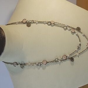 Two Strand Sweater Necklace~Gold Tone Beaded Link Chain & Filigree Disks